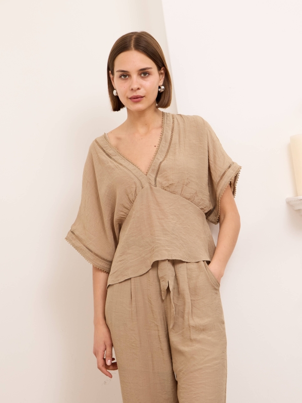 Meg -Lace Trimmed Blouse In Beige