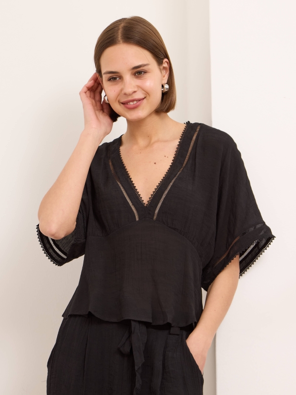 Meg -Lace Trimmed Blouse In black