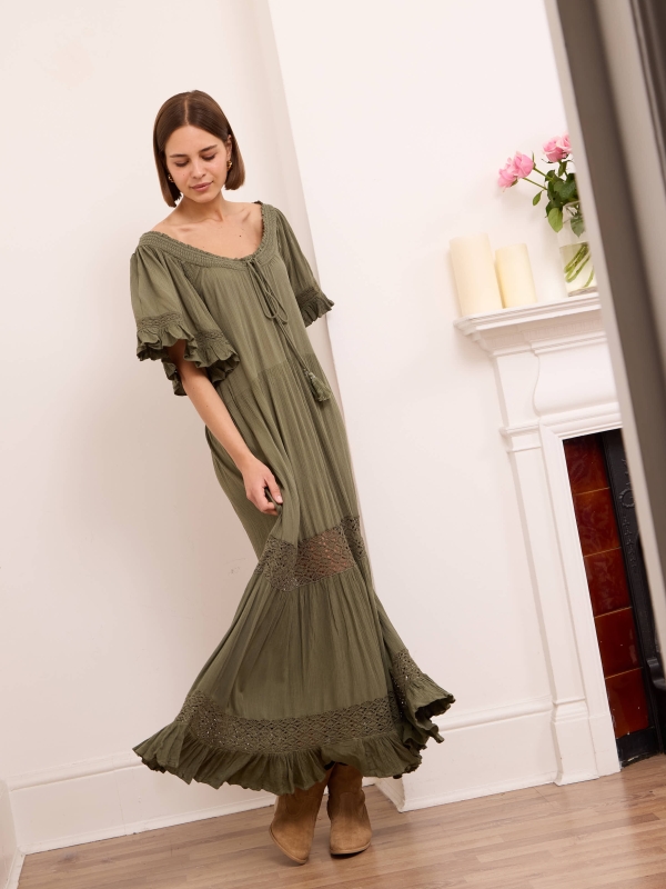 Mabel - Bohemian Tiered Maxi Dress In Khaki