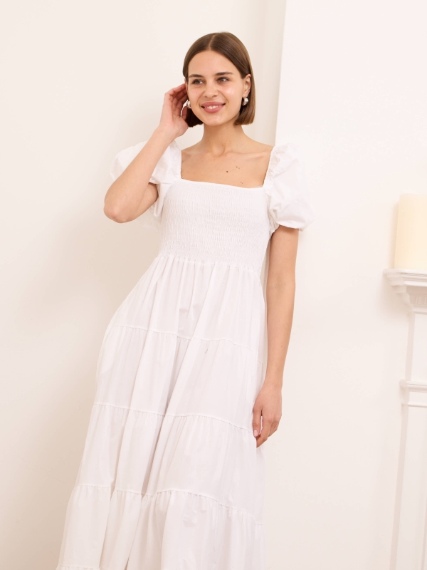 Willow- shirred midi dress in white