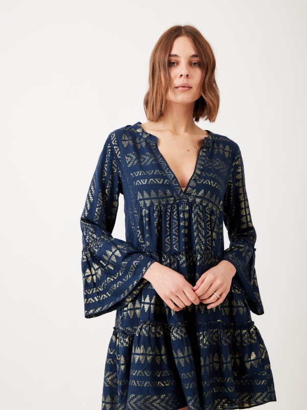 Evangeline -Bohemian Mini Dress In Navy And gold