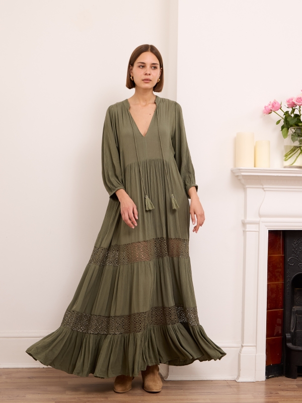 Mali - Bohemian Tiered Maxi Dress In Khaki