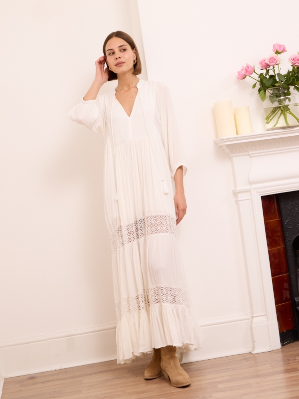 Mali - Bohemian Tiered Maxi Dress In White
