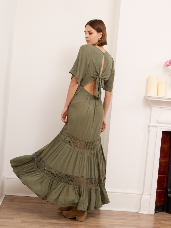 Mackenzie - Open Back Viscose Maxi Dress In Khaki