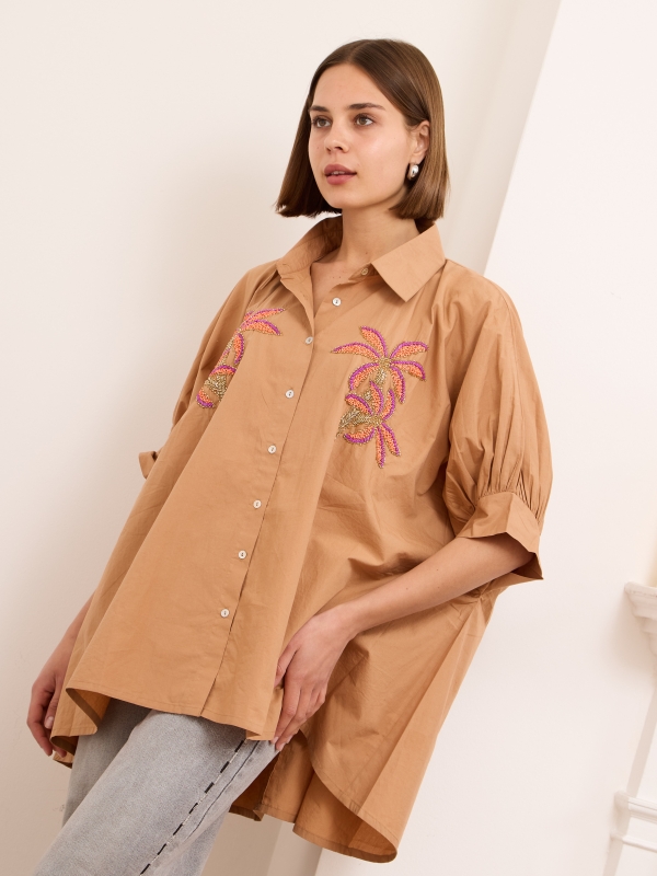 Gianna - tropical embellished cotton blend shirt in beige