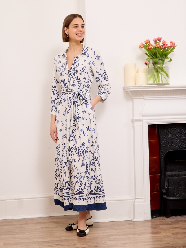 Daphne -Shirt Dress Summer Garden In White and Navy