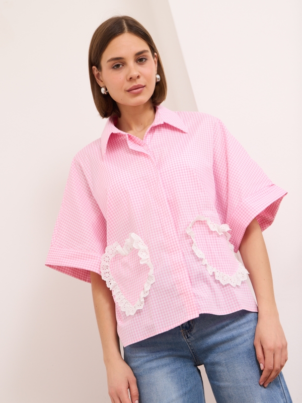 Jodie - heart embellished cotton shirt in pink gingham