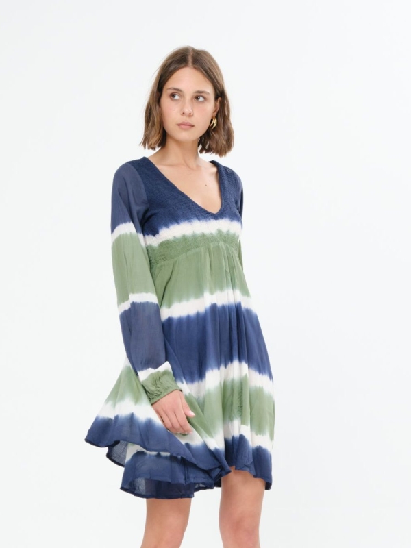 Georgia - shirred midi dress tie dye in navy and green