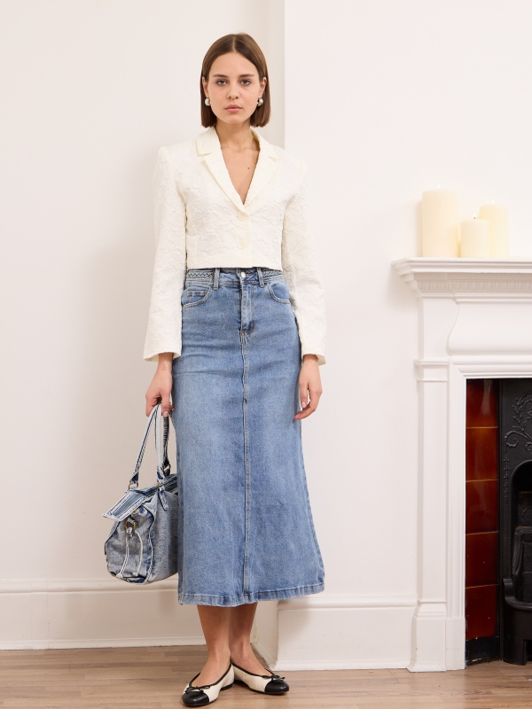 Genna - high rise braid-embellished denim midi skirt