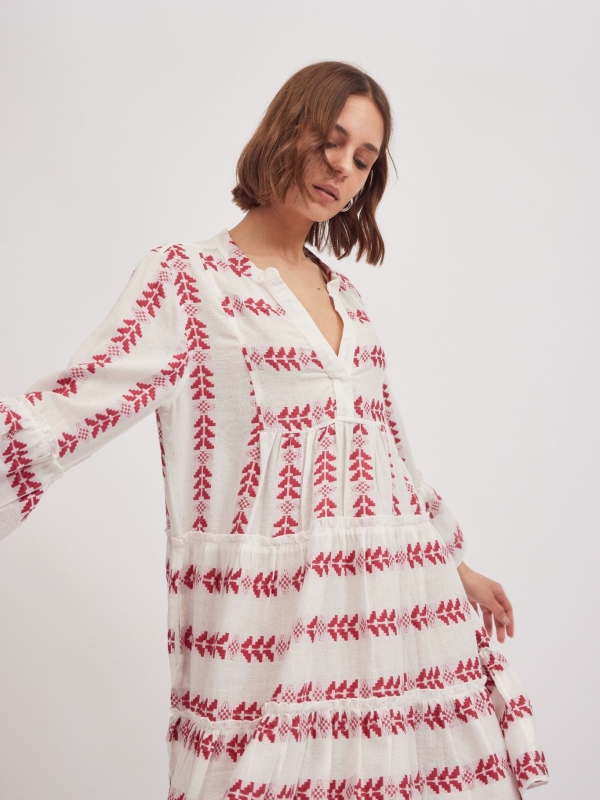 Edith-Bohemian Mini Dress In White And Red