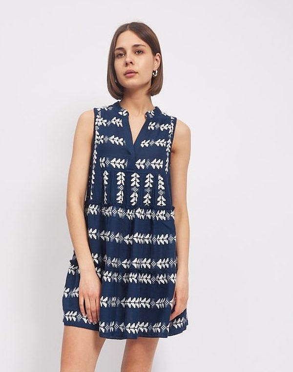 Eva-Bohemian Sleeveless Mini Dress In Navy And White