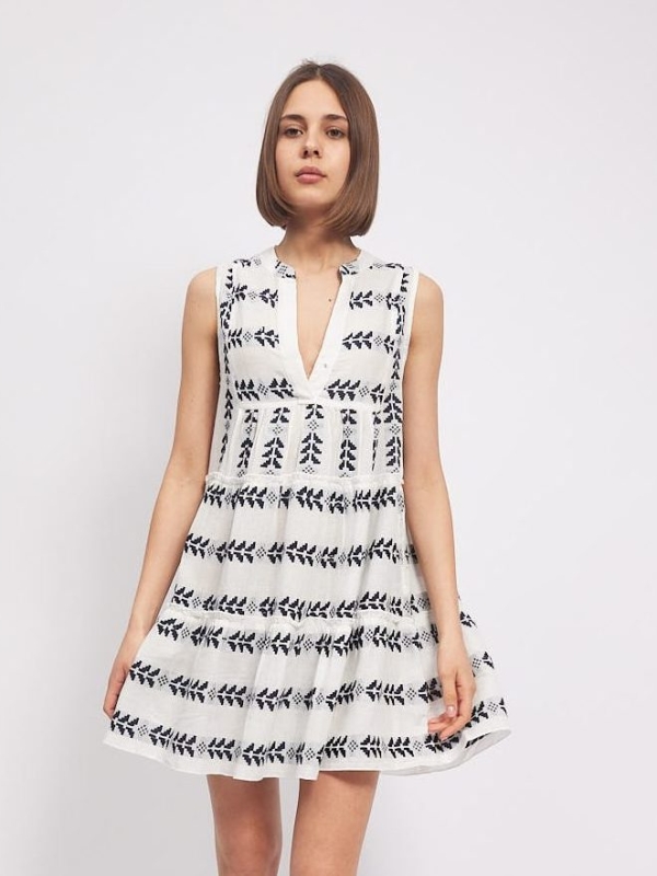 Eva-Bohemian Sleeveless Mini Dress In White And Navy