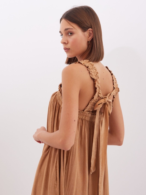 Gwyneth - tie-detailed smocked maxi dress in tan