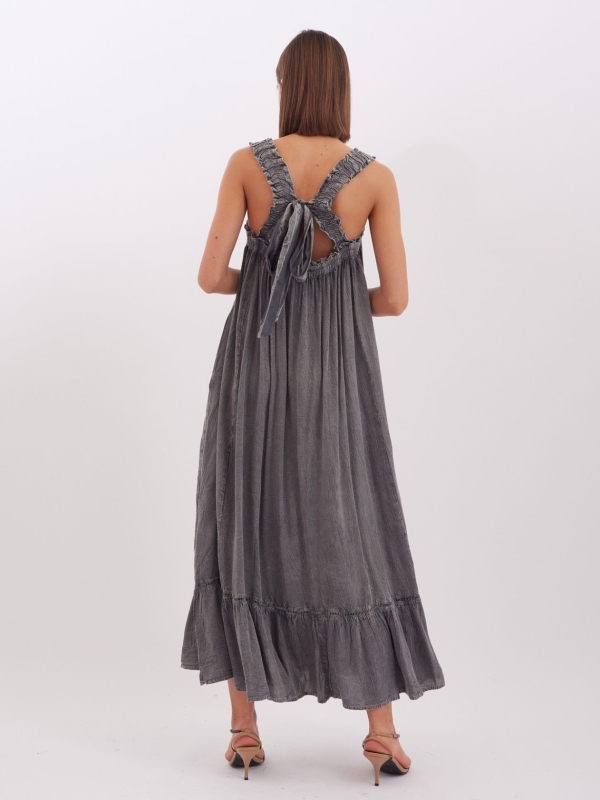 Gwyneth - tie-detailed smocked maxi dress in grey