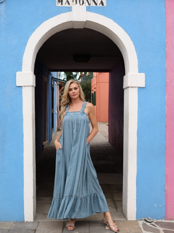 Gwyneth - tie-detailed smocked maxi dress in blue