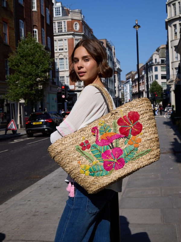 Peacock  - crocheted floral raffia tote in neutral