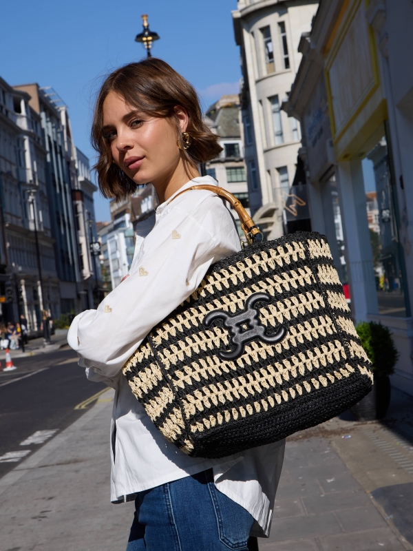 Cindy - crocheted raffia tote in cream and black