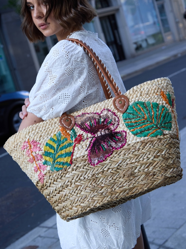 Butterfly - crocheted floral raffia tote in neutral