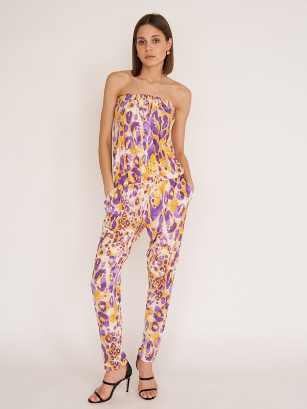 Clara Bandeau Jumpsuit in Purple and Yellow leopard