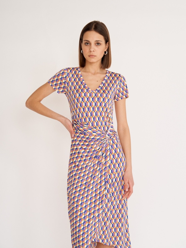 Antonella - Wrap-effect gathered printed midi dress mosaic in purple and orange