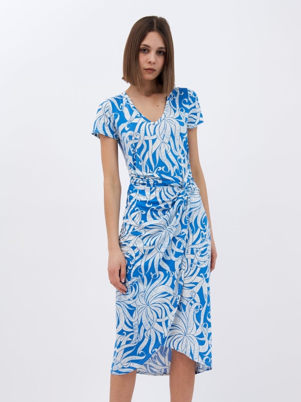 Antonella - Wrap-effect gathered printed midi dress tropical in blue