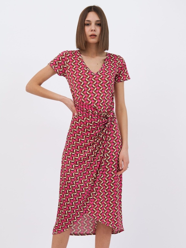 Antonella - Wrap-effect gathered printed midi dress in red and pink mosaic