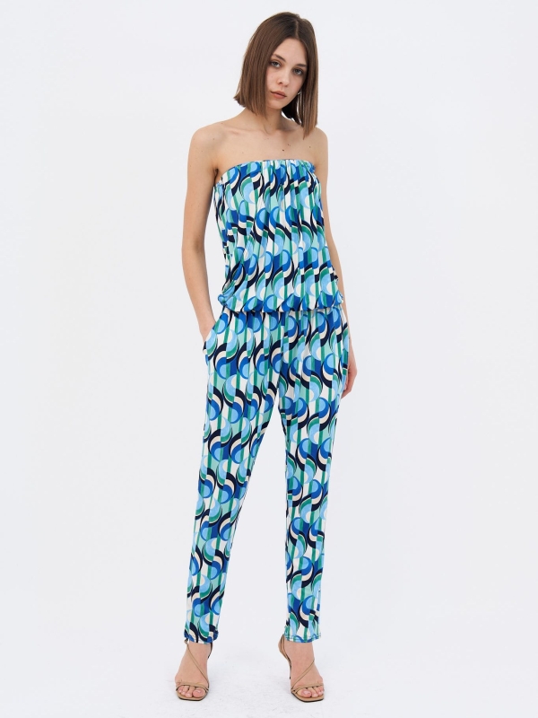Clara Bandeau Jumpsuit in Blue Mosaic