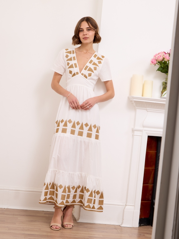 Willow - Open Back Embroidered Maxi Dress In White And Gold