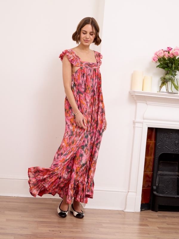 Maddison  -Ruffle Trim Sleeveless Slip Dress Aztec In Pink And Red