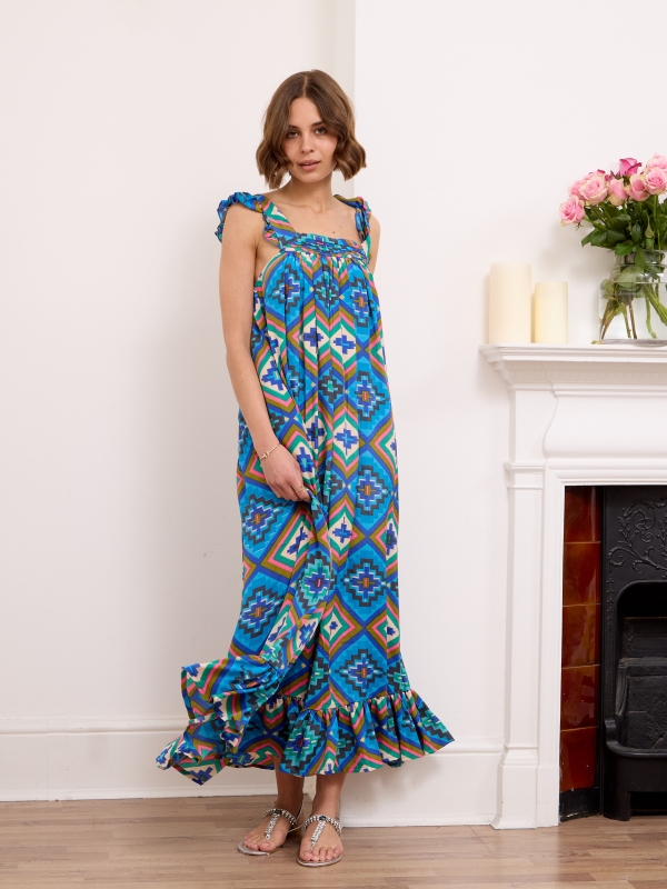 Maddison  -Ruffle Trim Sleeveless Slip Dress  Mosaic In Blue