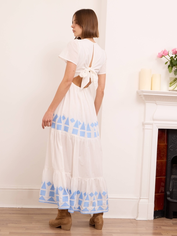 Willow - Open Back Embroidered Maxi Dress In White And Blue