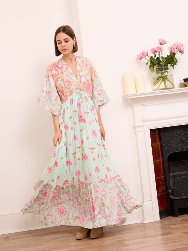 Orel - Open Back Embellished Viscose Maxi Dress In Turqoise