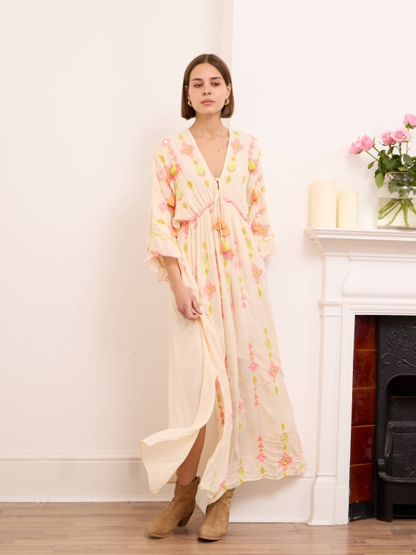 Orel - Open Back Embellished Viscose Maxi Dress In Cream