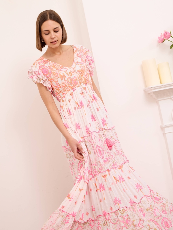 Olivia - Embellished Viscose Maxi Dress In White And Pink