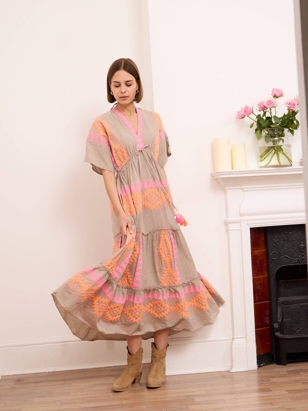 Odette- Open Back Embellished Cotton Maxi Dress In Pink And Orange