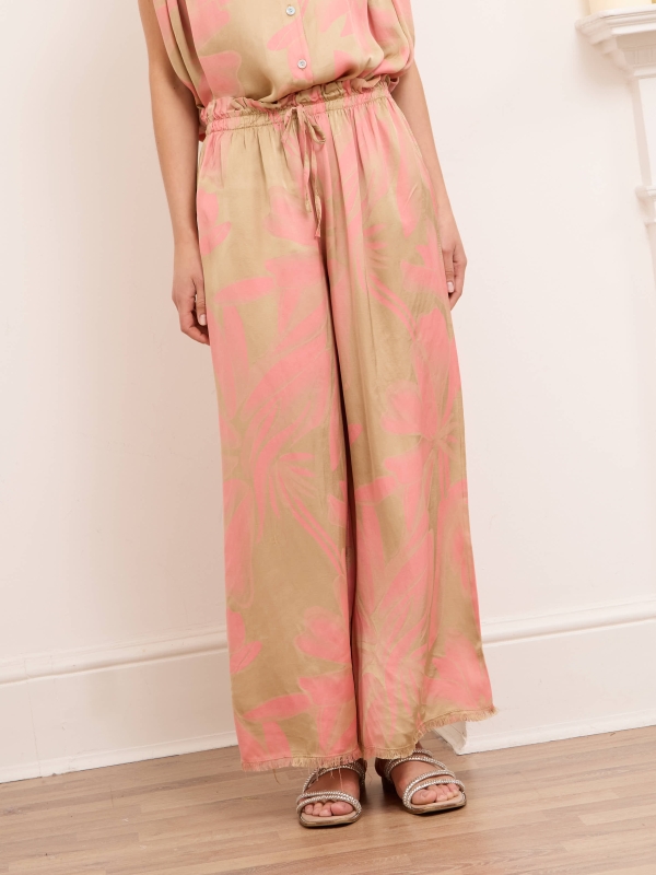 Adrianna - silk-satin wide leg trousers abstract in salmon and beige