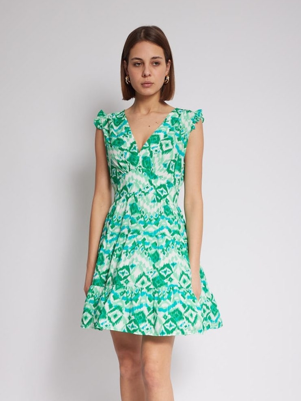 Danielle -Tiered Smock Mini Dress Aztec in Green And White