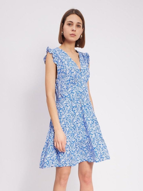Danielle -Tiered Smock Mini Dress Ditsy Floral in Blue