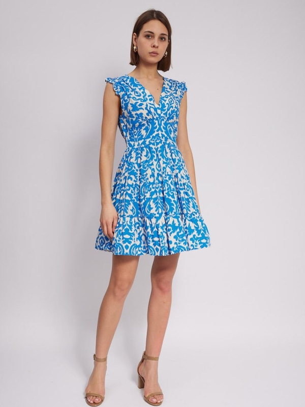 Danielle -Tiered Smock Mini Dress Damask in blue and white