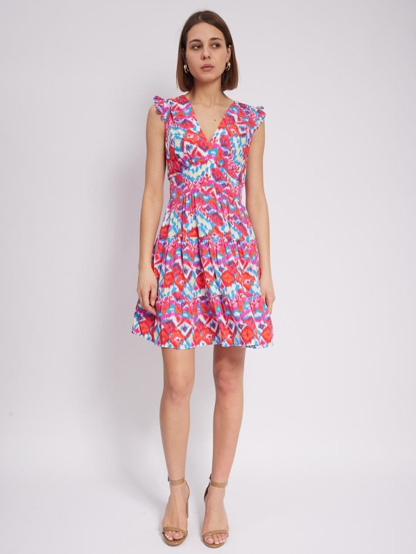 Danielle -Tiered Smock Mini Dress Aztec in Red And Blue