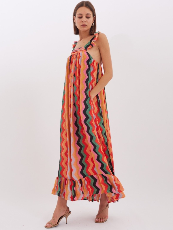 Maddison  -Ruffle Trim Sleeveless Slip Dress Rainbow In Orange And Black