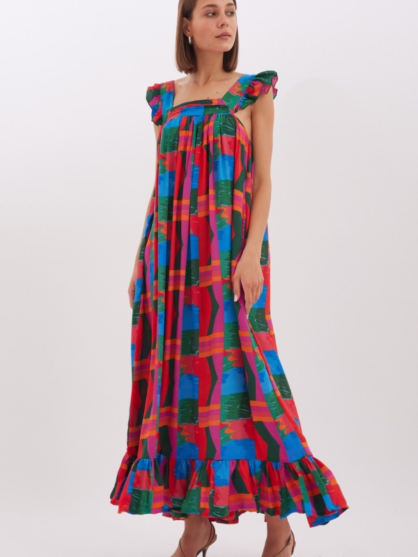 Maddison  -Ruffle Trim Sleeveless Slip Dress Mosaic In Green And Red