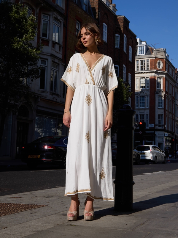 Winona- Open Back Embellished Cotton Maxi Dress In White