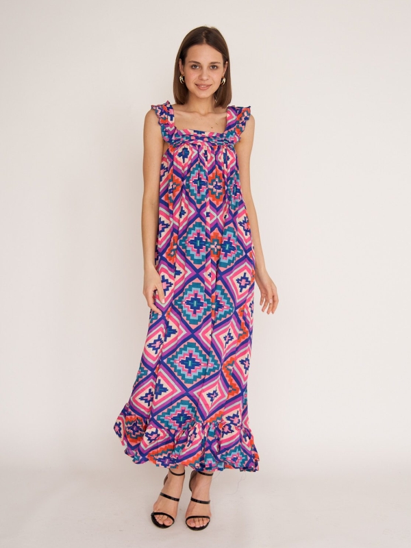 Maddison  -Ruffle Trim Sleeveless Slip Dress Mosaic In Pink And Blue