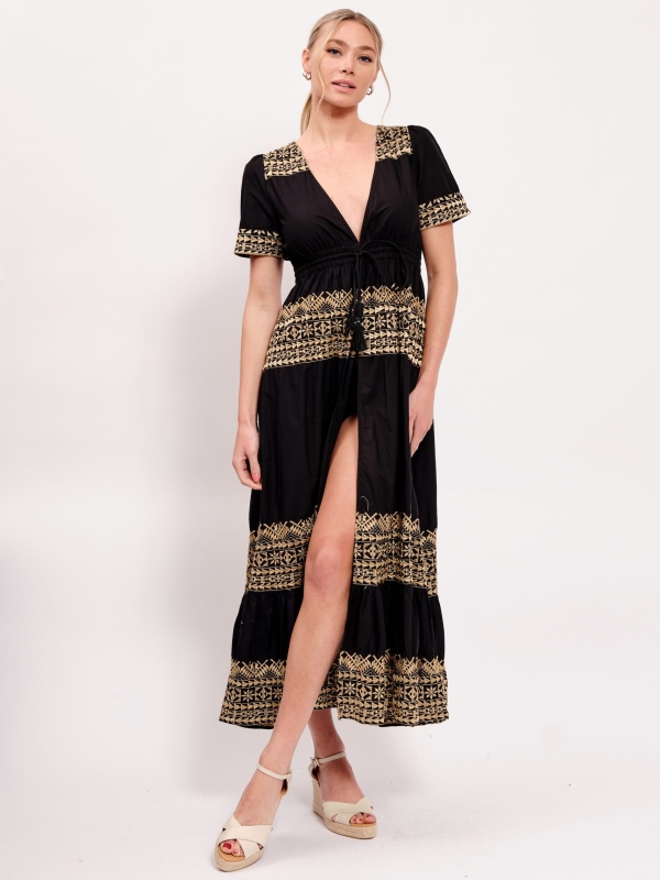 Giselle- Embroidered tiered maxi dress cover up in black