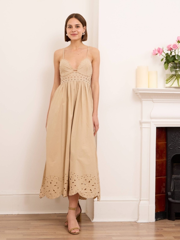Shay- backless broderie anglaise maxi dress in beige