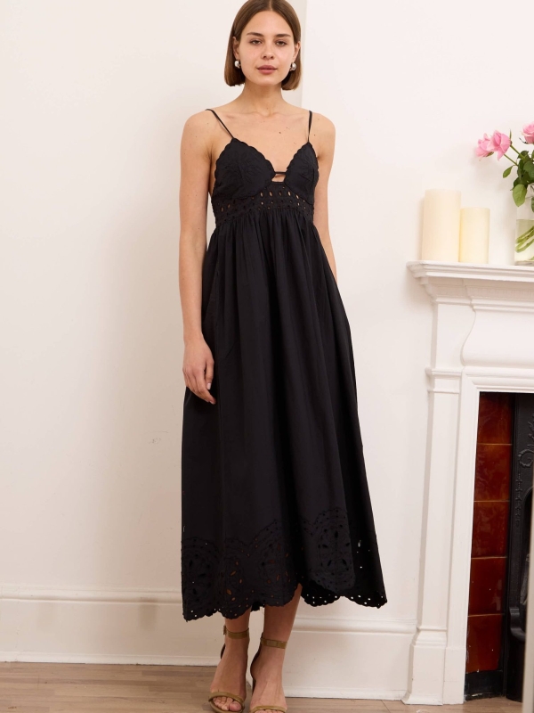 Shay- backless broderie anglaise maxi dress in black