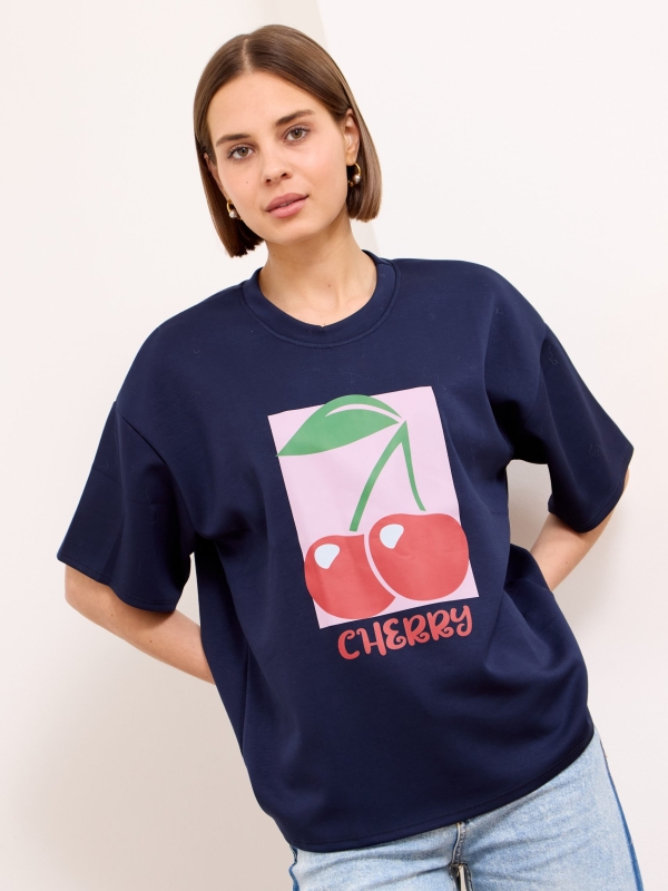 Cherry -printed T-shirt in navy
