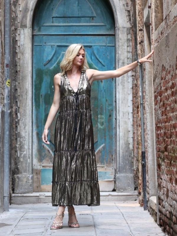 Wendy - tiered metallic maxi dress in black