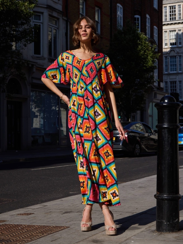 Claudia -Tiered Maxi Dress In Orange Diamonds